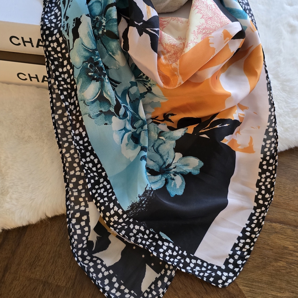 Chico's Vibrant Floral Scarf in Orange and Blue